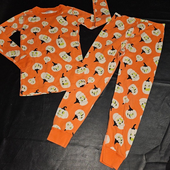 Hanna Andersson Girls Orange Pumpkin Halloween Long John Pajamas 110 5 - Picture 1 of 3